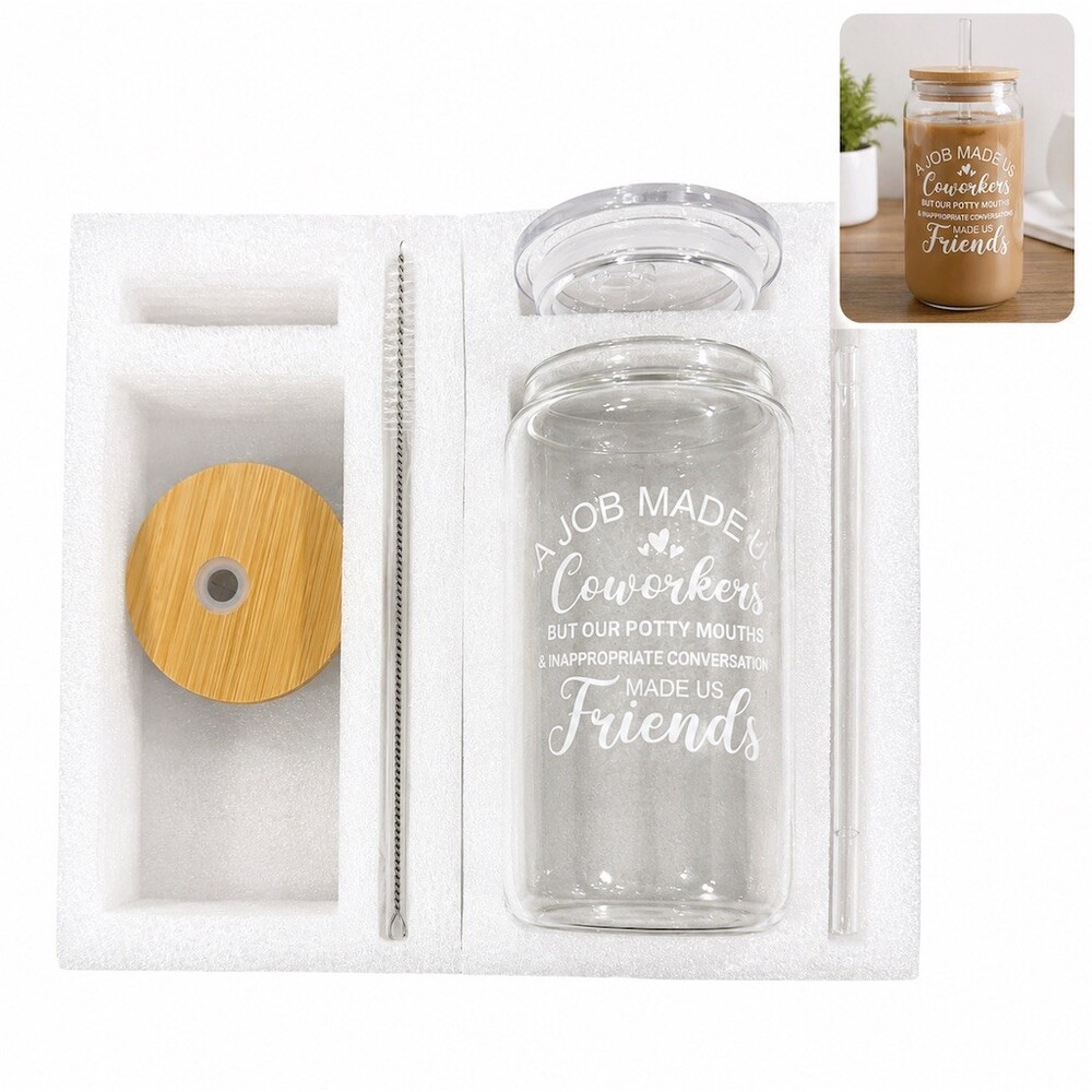 Cute Gift Glass Can Tumbler Clear Coworker Friendship Quote Lid Straw new 2 lids